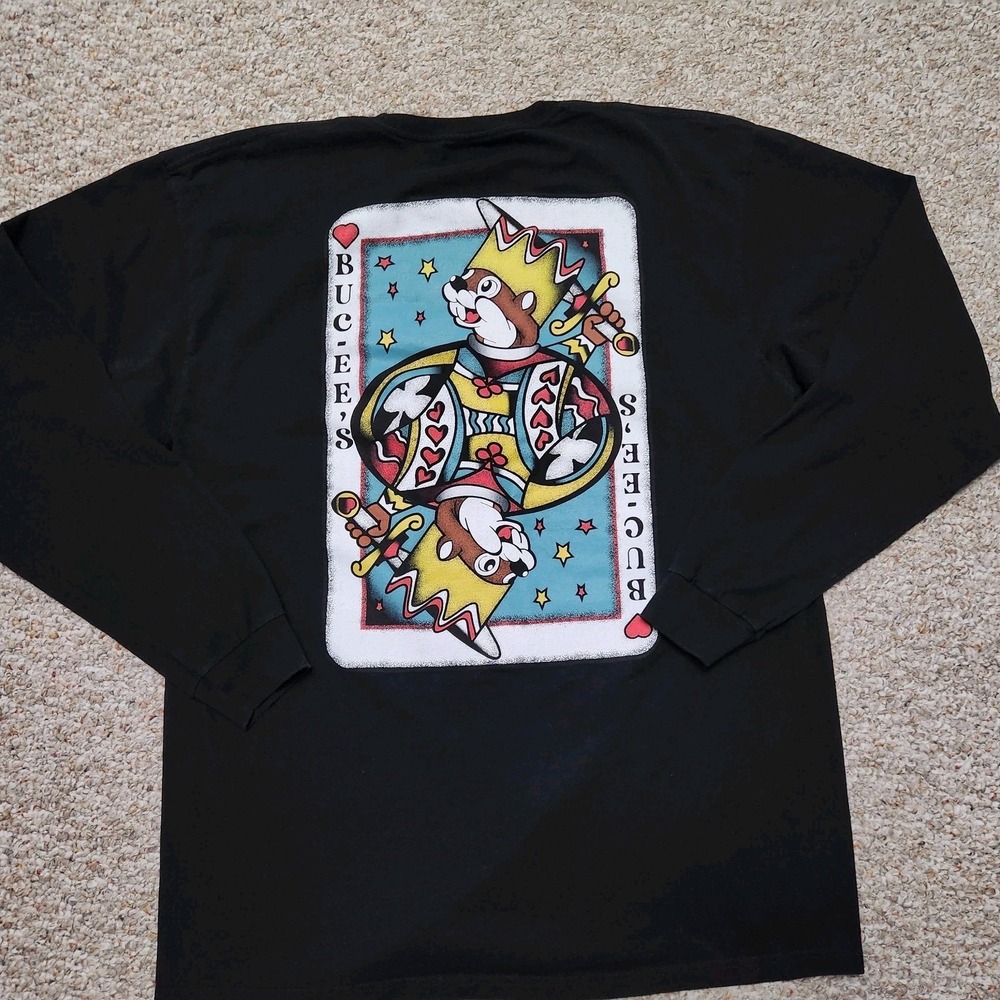 Buc-ees King Of Hearts Crown Cards Long Sleeve Tshirt Mens XL Black Graphic Tee
